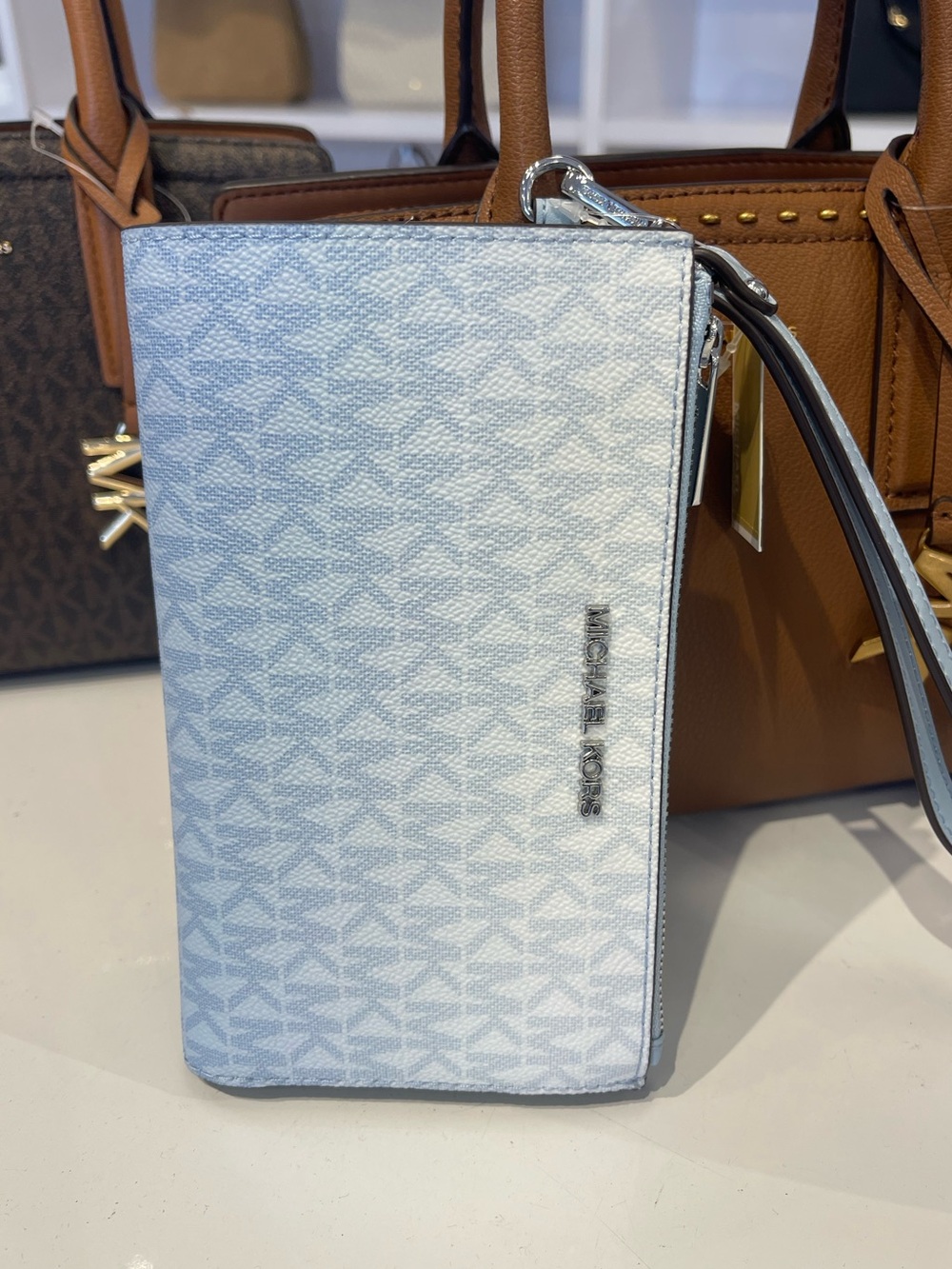 MICHAEL KORS Jet Set Large Double Zip Ombré Signature Logo Wristlet Pale Ocean - Picture 2 of 16
